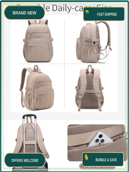 Quilted Laptop Backpack for Women, Puffer Bookbag with Pouch Pockets, Travel main image 5